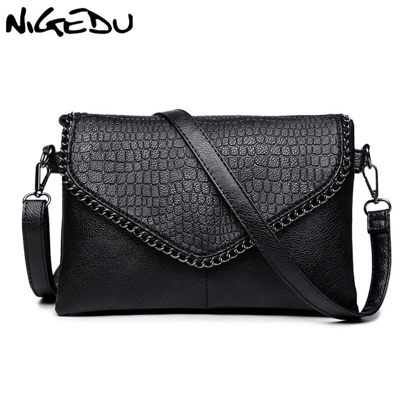 NIGEDU Casual Crossbody Bag Female Messenger Bags black PU Leather Women&#39;s Shoulder Bags Chain women Envelope clutch purses