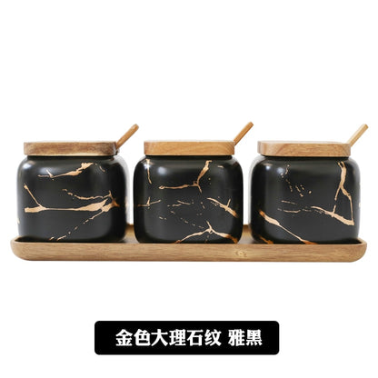 Nordic Matte Marbled Ceramic Seasoning Can Creative Kitchen Tank Set Wooden Cover/Tray Salt Shaker Spice Jar Kitchen Accessories