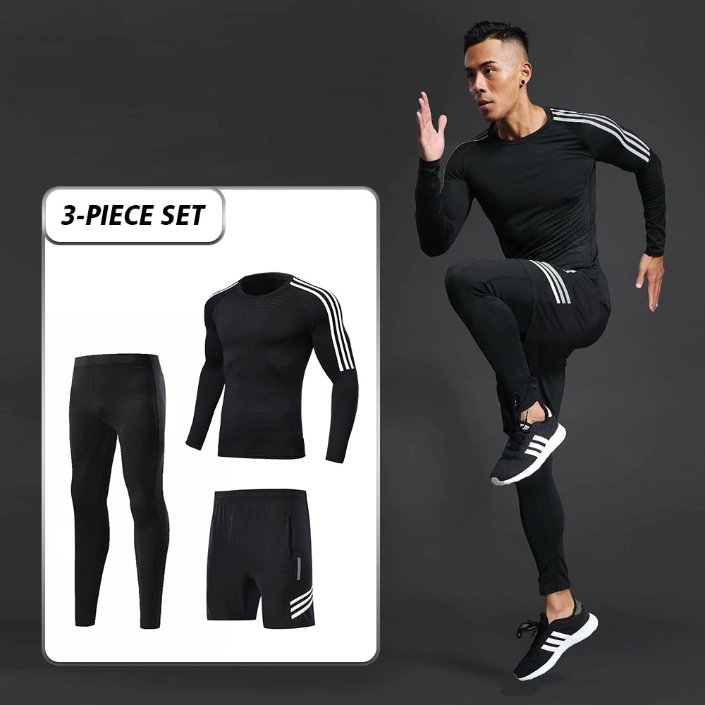 3pcs / Set Workout Male Sport Suit Gym Compression Clothes Fitness Running Jogging Sport Wear Exercise Workout Tights