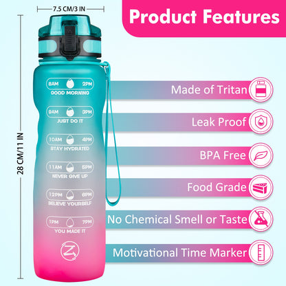 ZOMAKE 32oz Motivational Water Sport Bottle with Time Marker Leakproof BPA Free Fruit 1 Liter Travel Kettle Drinking Water Bottl