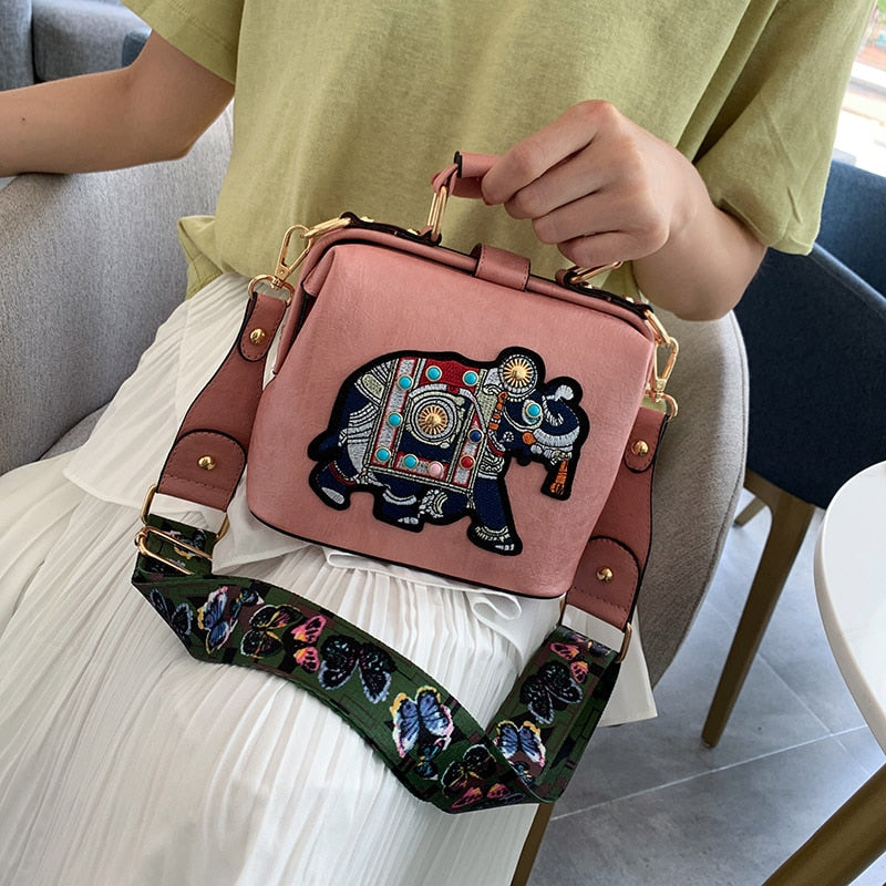 Vintage Embroidery Elephant Bag Bags Wide Butterfly Strap PU Leather Women Shoulder Crossbody Bag Tote Women&#39;s Handbags Purses