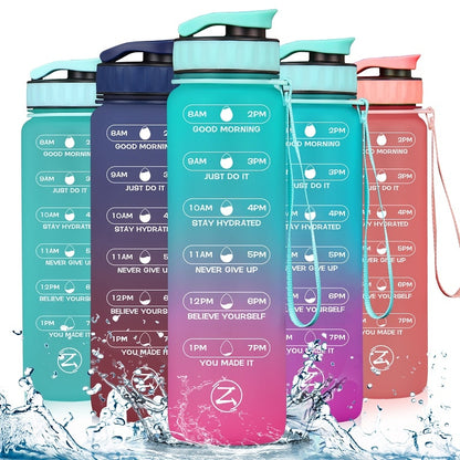 ZOMAKE 32oz Motivational Water Sport Bottle with Time Marker Leakproof BPA Free Fruit 1 Liter Travel Kettle Drinking Water Bottl