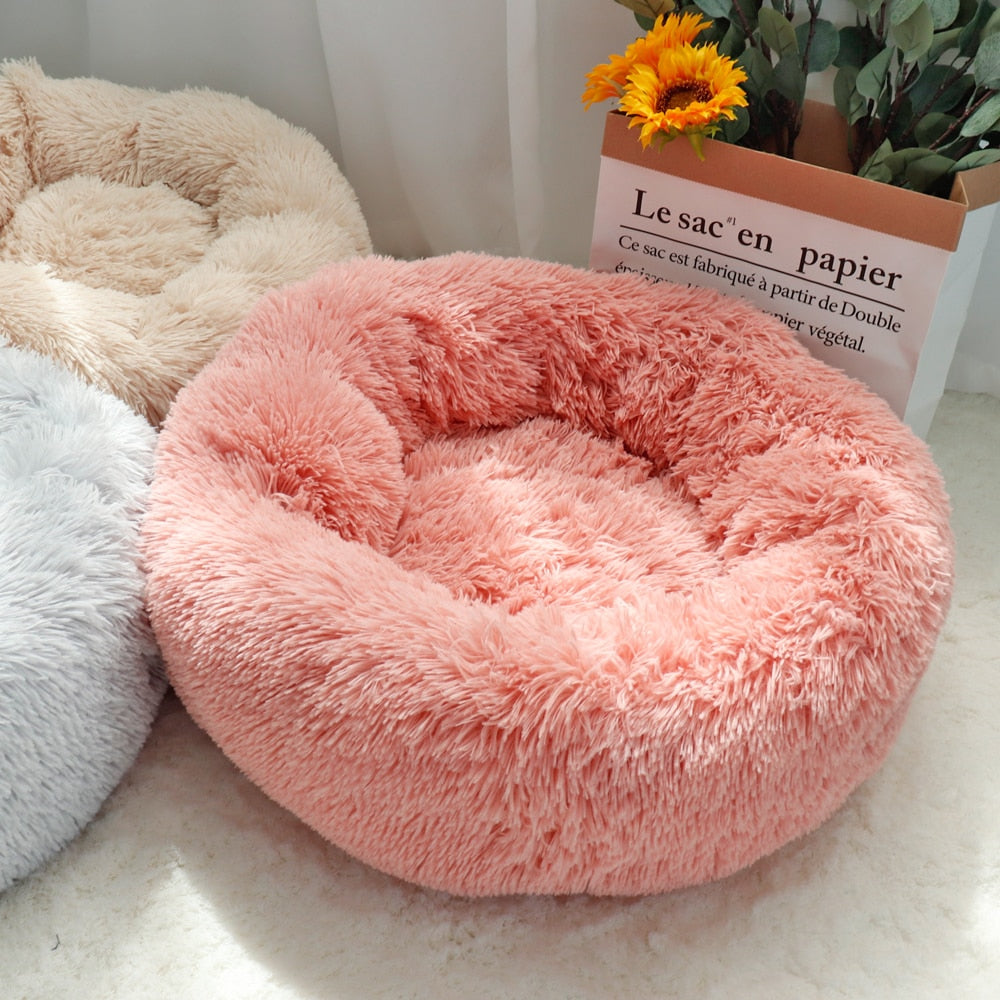 Fluffy Calming Dog Bed Long Plush Donut Pet Bed Hondenmand Round Orthopedic Lounger Sleeping Bag Kennel Cat Puppy Sofa Bed House