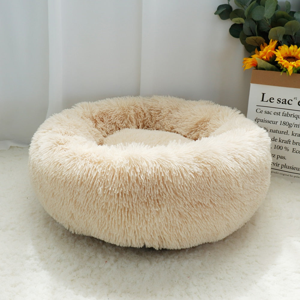 Fluffy Calming Dog Bed Long Plush Donut Pet Bed Hondenmand Round Orthopedic Lounger Sleeping Bag Kennel Cat Puppy Sofa Bed House