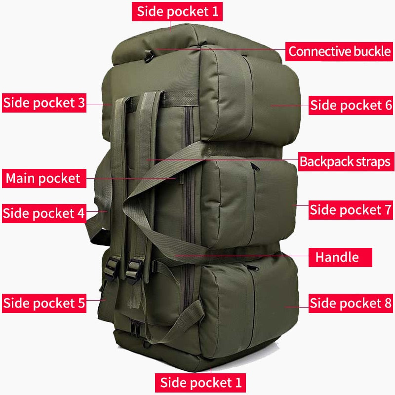 90L Large Capacity Men&#39;s Travel Bags Canvas Military Tactical Backpack Waterproof Hiking Climbing Camping Rucksack Bags XA216K