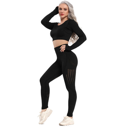 Yoga Set Seamless Sportswear Gym Sports Suits Woman Fitness High Waist Leggings Push Up Leggins Long Sleeve Workout Tops