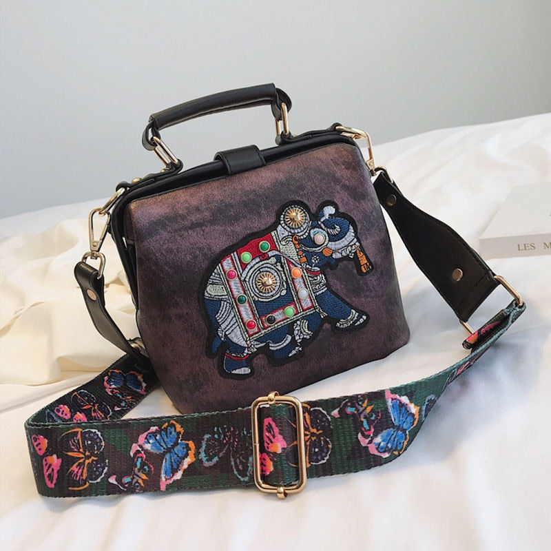 Vintage Embroidery Elephant Bag Bags Wide Butterfly Strap PU Leather Women Shoulder Crossbody Bag Tote Women&#39;s Handbags Purses