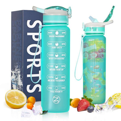 ZOMAKE 32oz Motivational Water Sport Bottle with Time Marker Leakproof BPA Free Fruit 1 Liter Travel Kettle Drinking Water Bottl