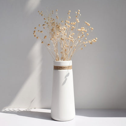 Modern Minimalist Flower Vase White Ceramic Matte Vase with Hemp Rope for Dried Flower Centerpiece Crafts Home Table Decoration