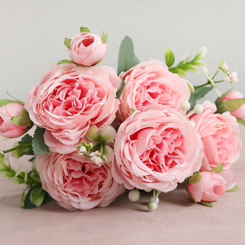 Beautiful Rose Peony Artificial Silk Flowers Small White Bouquet Vases for Home Party Winter Wedding Decoration Cheap Fake Plant