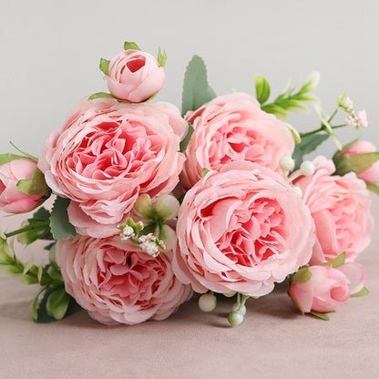 Beautiful Rose Peony Artificial Silk Flowers Small White Bouquet Vases for Home Party Winter Wedding Decoration Cheap Fake Plant