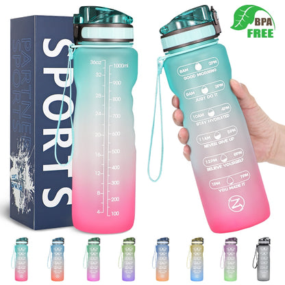 ZOMAKE 32oz Motivational Water Sport Bottle with Time Marker Leakproof BPA Free Fruit 1 Liter Travel Kettle Drinking Water Bottl