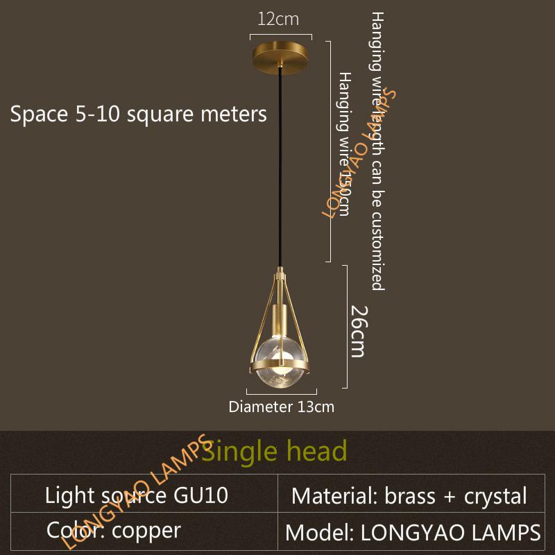 Bedroom bedside Pendant lights Modern luxury Copper Crystal Kitchen Restaurant Island Lighting Dining room Suspension luminaire