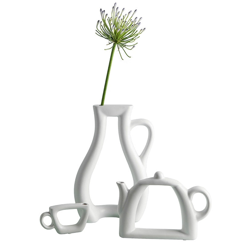 White Ceramic Flower Pot Fashion Modern Style Wedding Decorative Vase  Home Decoration Accessories Tabletop Teapot Vase Planter