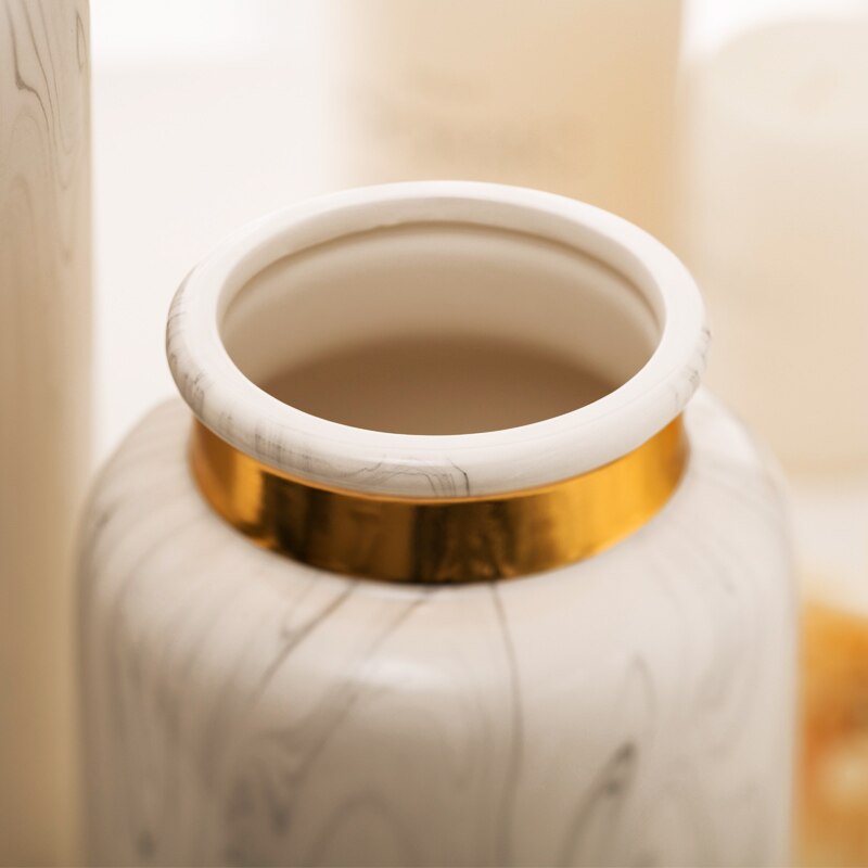 1pc Modern Marbled Ceramic Vase Flower Vase with Golden Ring Water Planting Container Home Decorative Wedding Gift without Hole