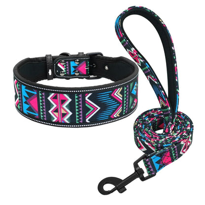 Soft Nylon Dog Collar And Leash Set Reflective Padded Dog Collar Fashion Printed Adjustable Pet Collars For Medium Large Dogs