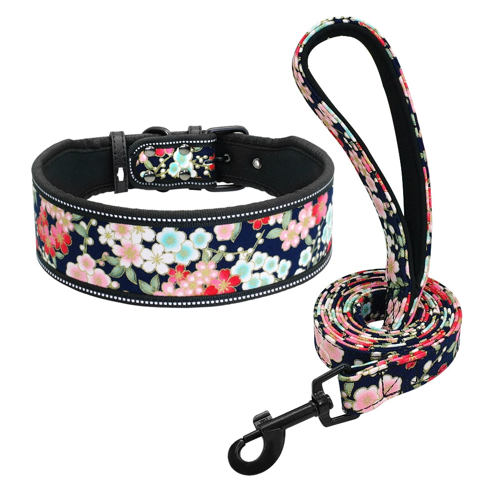 Soft Nylon Dog Collar And Leash Set Reflective Padded Dog Collar Fashion Printed Adjustable Pet Collars For Medium Large Dogs