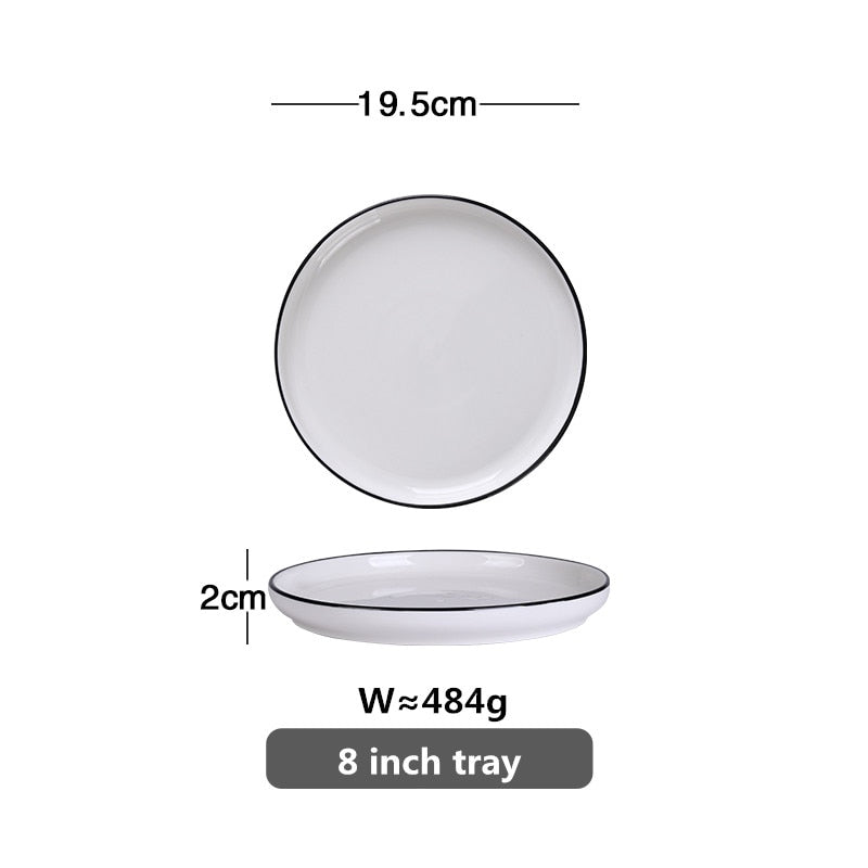 White With Black Edge Dinner Plate Ceramic Kitchen Tray Food Dishes Rice Salad Noodles Bowl Soup Kitchen Cook Tool 1pcs Sale