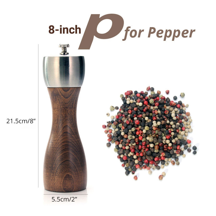 Premium Beech Pepper Mill - Salt and Pepper Grinder - Precision Carbon Steel Rotor Use for peppercorn, sea salt, black pepper