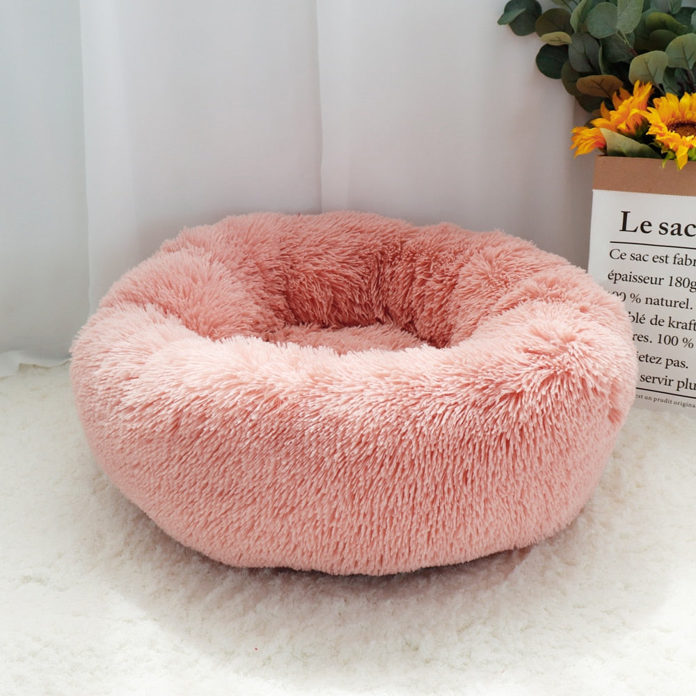 Fluffy Calming Dog Bed Long Plush Donut Pet Bed Hondenmand Round Orthopedic Lounger Sleeping Bag Kennel Cat Puppy Sofa Bed House