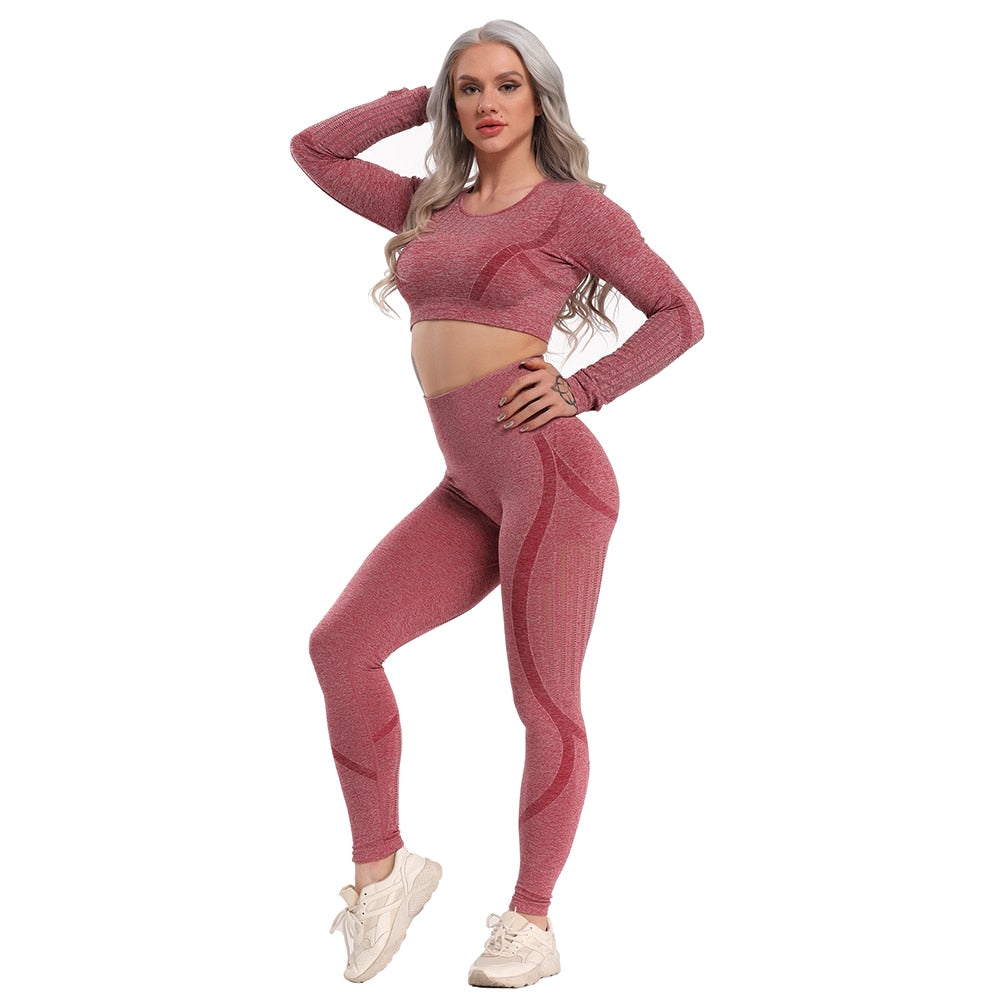 Yoga Set Seamless Sportswear Gym Sports Suits Woman Fitness High Waist Leggings Push Up Leggins Long Sleeve Workout Tops