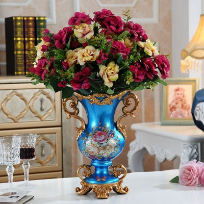 Luxury European Resin Vase Stereoscopic Dried Fowers Arrangement Wobble Plate Living Room Entrance Ornaments Home Decorations