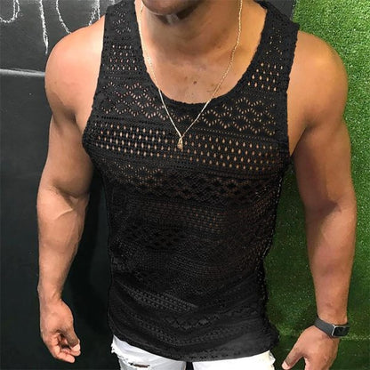 Tank Top for Men Lace Hollow Out Sleeveless Shirts Summer Mens Clothing Slim Fit Gym Clothes Workout Solid Color Vest Tops 2023