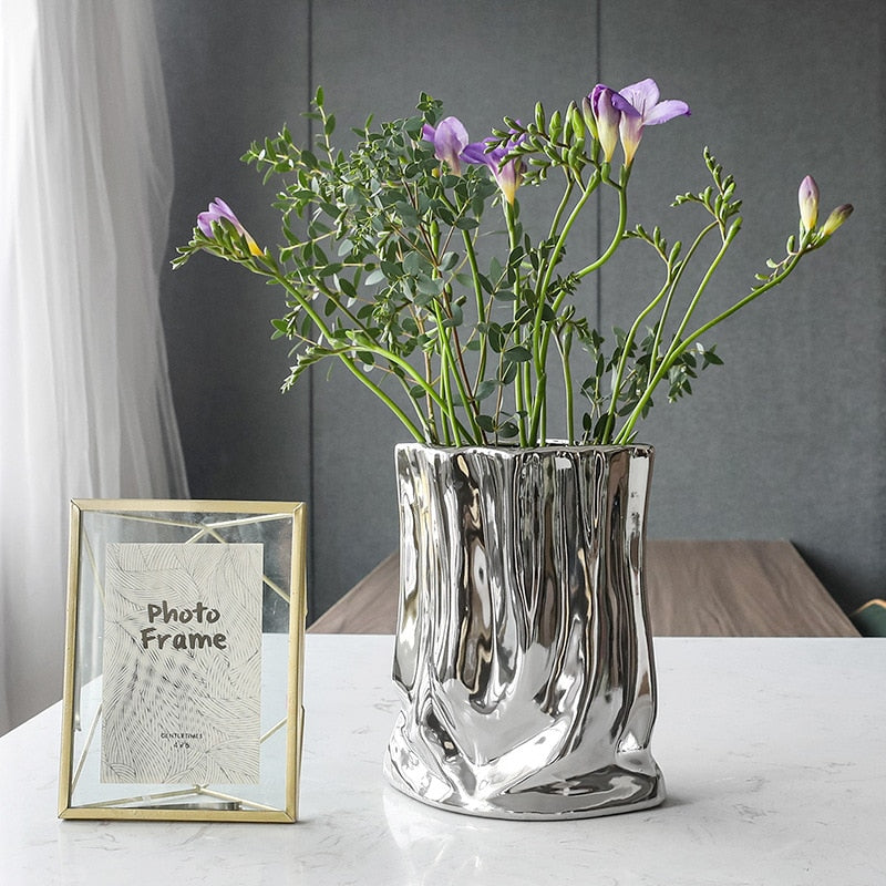 Nordic Silver Vase Creative Ceramic Vase Flower Art Luxury Coffee Shop Model Room Decoration Modern Home Decor Gift Ideas