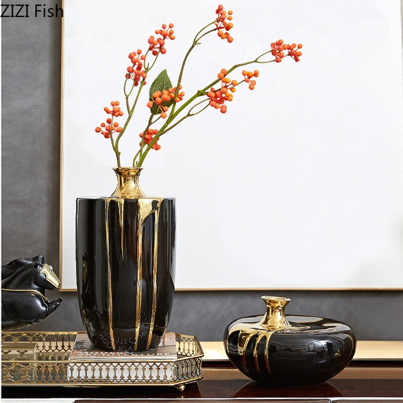 Modern Luxury Ceramic Vase Flower Arrangement Dried Flower Decoration Black Gold Vase Living Room Decoration Flower Vase Home