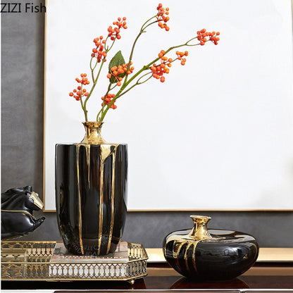 Modern Luxury Ceramic Vase Flower Arrangement Dried Flower Decoration Black Gold Vase Living Room Decoration Flower Vase Home