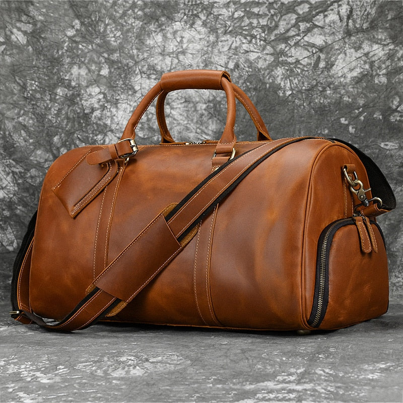 Vintage Fashion Handbags For Men Genuine Leather Travel Duffles Travelling Shoulder Bag Cowskin Hand Luggage Bags Large Duffle