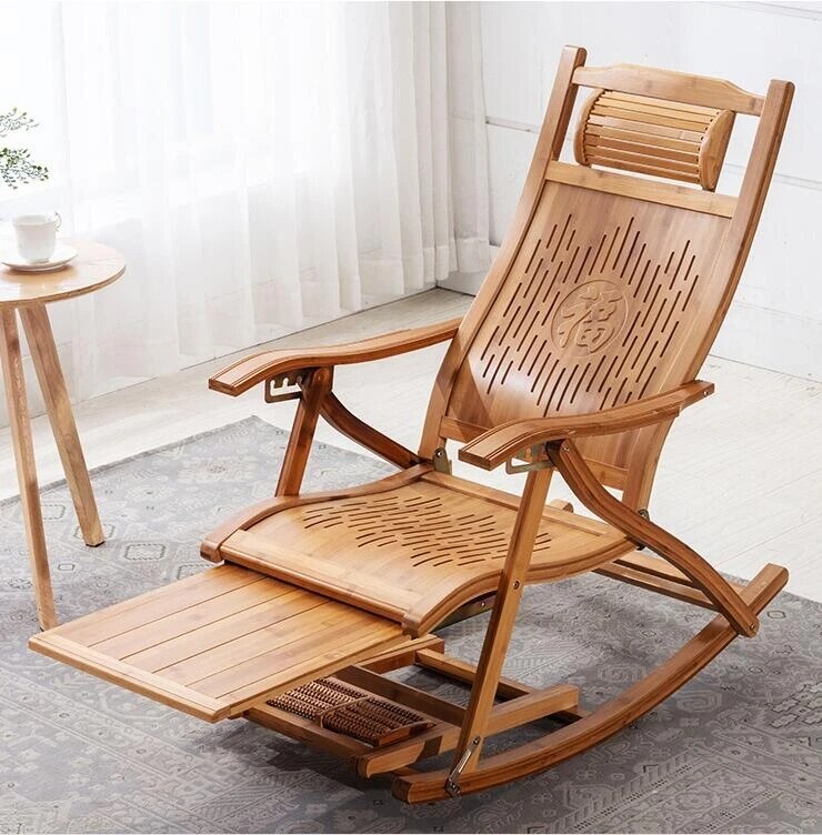 Folding Bamboo Rocking Chair with Cushion Lounge Chair Living Room Furniture Accent Chair Armchair Chair Office Recliner Leisure