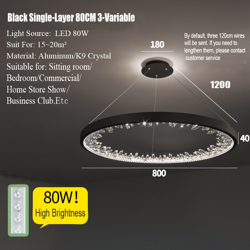 Modern Luxury K9 Ring Crystal Led Dimmable Chandelier Circle Hanging Lamp Living Dining Room Bedroom Lustre Led Lighting Fixture