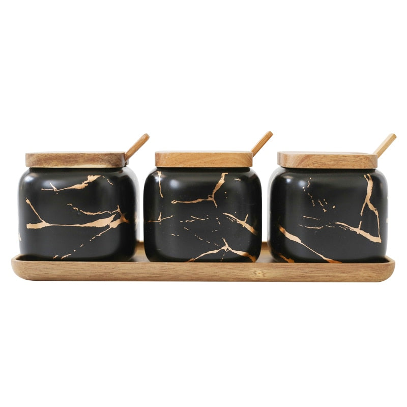 Luxury Nordic Style Marble Pattern Ceramic Kitchen Seasoning Tank Set Wooden Cover Salt Shaker Spice Jar Kitchen Accessories