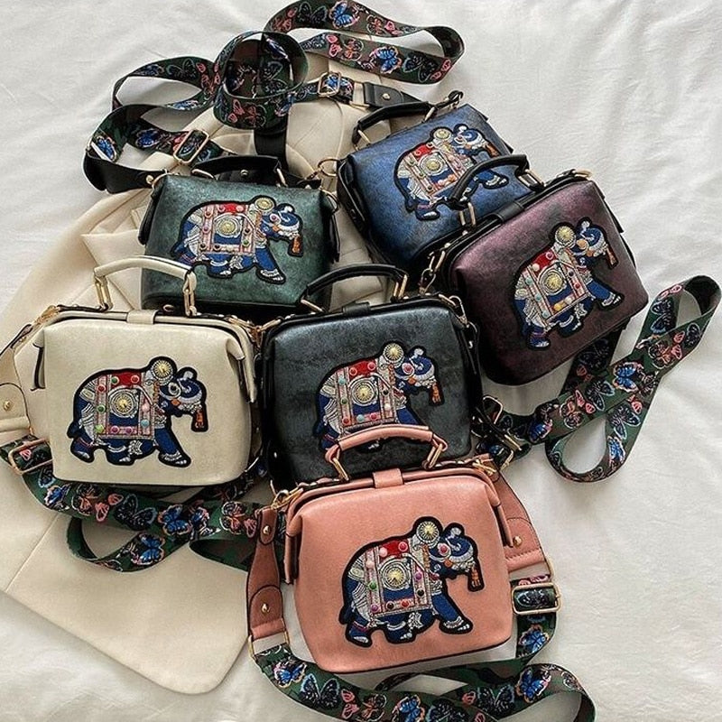 Vintage Embroidery Elephant Bag Bags Wide Butterfly Strap PU Leather Women Shoulder Crossbody Bag Tote Women&#39;s Handbags Purses