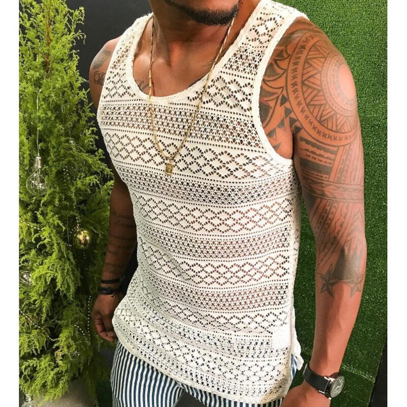 Tank Top for Men Lace Hollow Out Sleeveless Shirts Summer Mens Clothing Slim Fit Gym Clothes Workout Solid Color Vest Tops 2023