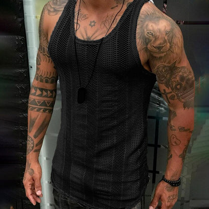 Tank Top for Men Lace Hollow Out Sleeveless Shirts Summer Mens Clothing Slim Fit Gym Clothes Workout Solid Color Vest Tops 2023