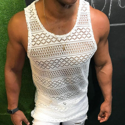 Tank Top for Men Lace Hollow Out Sleeveless Shirts Summer Mens Clothing Slim Fit Gym Clothes Workout Solid Color Vest Tops 2023