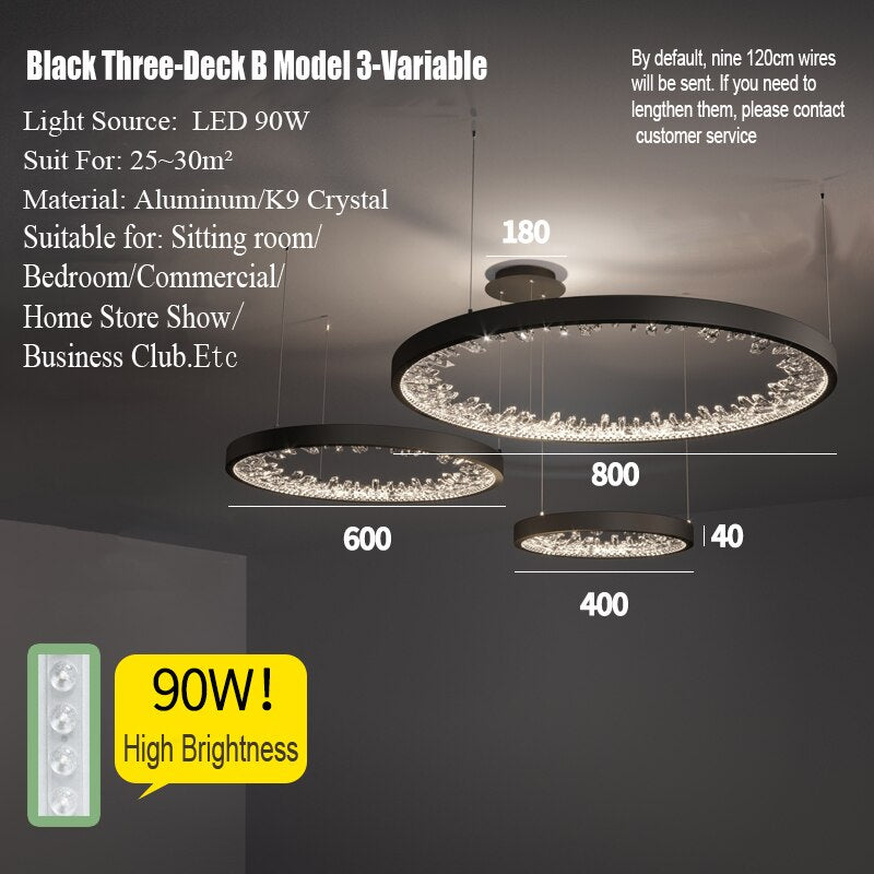 Modern Luxury K9 Ring Crystal Led Dimmable Chandelier Circle Hanging Lamp Living Dining Room Bedroom Lustre Led Lighting Fixture