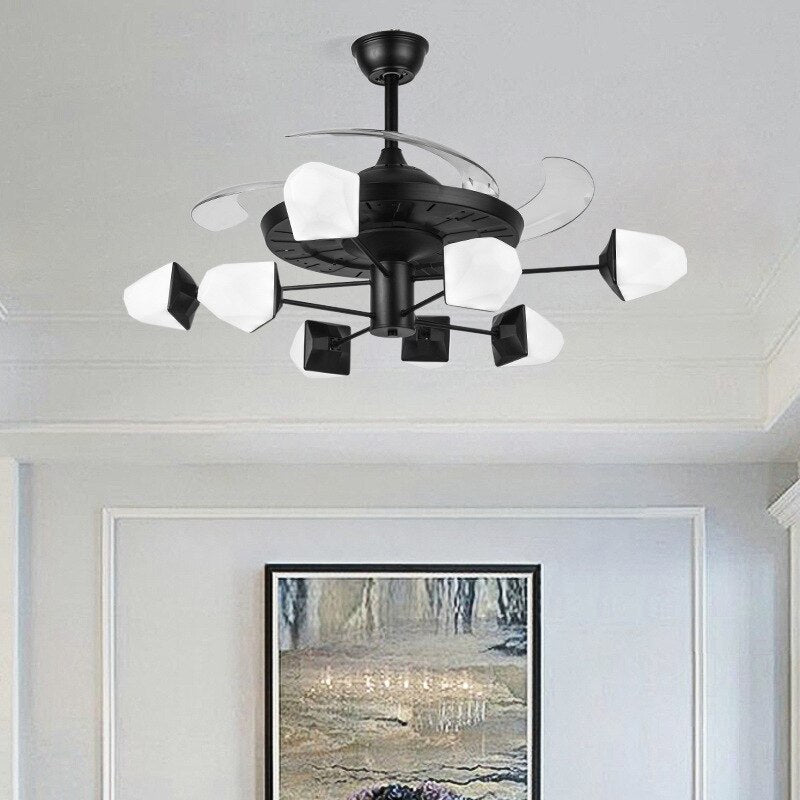 Art Led Celing Fan Pendant Lamp Light Chandelier Nordic   With Brown Glass Lampshade Black For Living Room Bedroom Bar