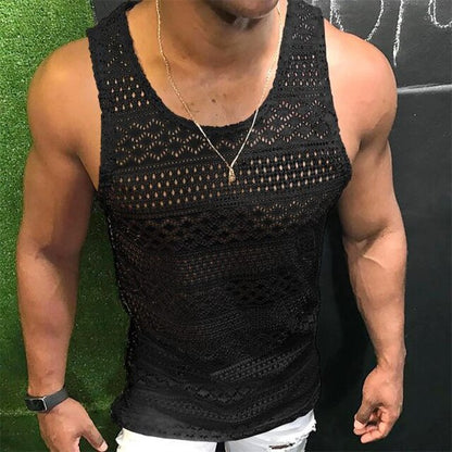 Tank Top for Men Lace Hollow Out Sleeveless Shirts Summer Mens Clothing Slim Fit Gym Clothes Workout Solid Color Vest Tops 2023