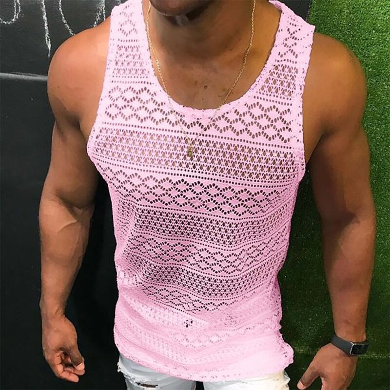 Tank Top for Men Lace Hollow Out Sleeveless Shirts Summer Mens Clothing Slim Fit Gym Clothes Workout Solid Color Vest Tops 2023