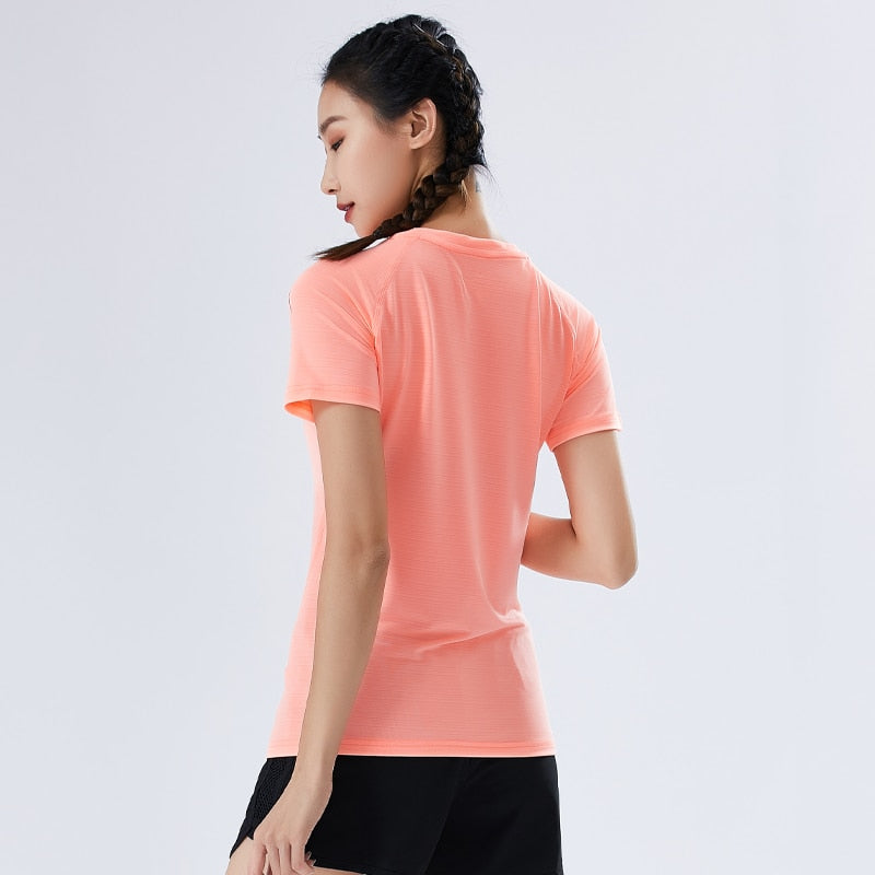 Women Running T Shirt Sport Breathable Quick Dry Yoga Short Sleeve Loose Jogging Training Sportswear Top Gym Fitness Tee