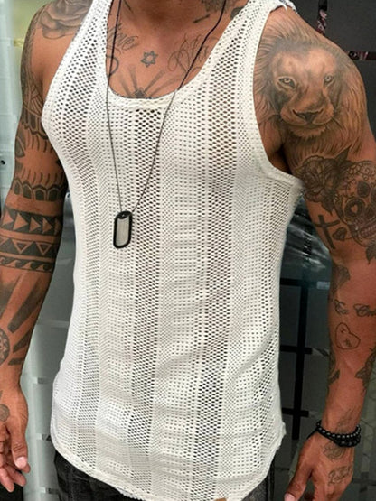 Tank Top for Men Lace Hollow Out Sleeveless Shirts Summer Mens Clothing Slim Fit Gym Clothes Workout Solid Color Vest Tops 2023