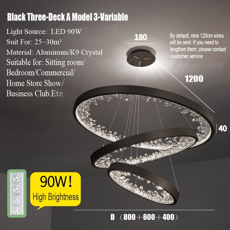 Modern Luxury K9 Ring Crystal Led Dimmable Chandelier Circle Hanging Lamp Living Dining Room Bedroom Lustre Led Lighting Fixture