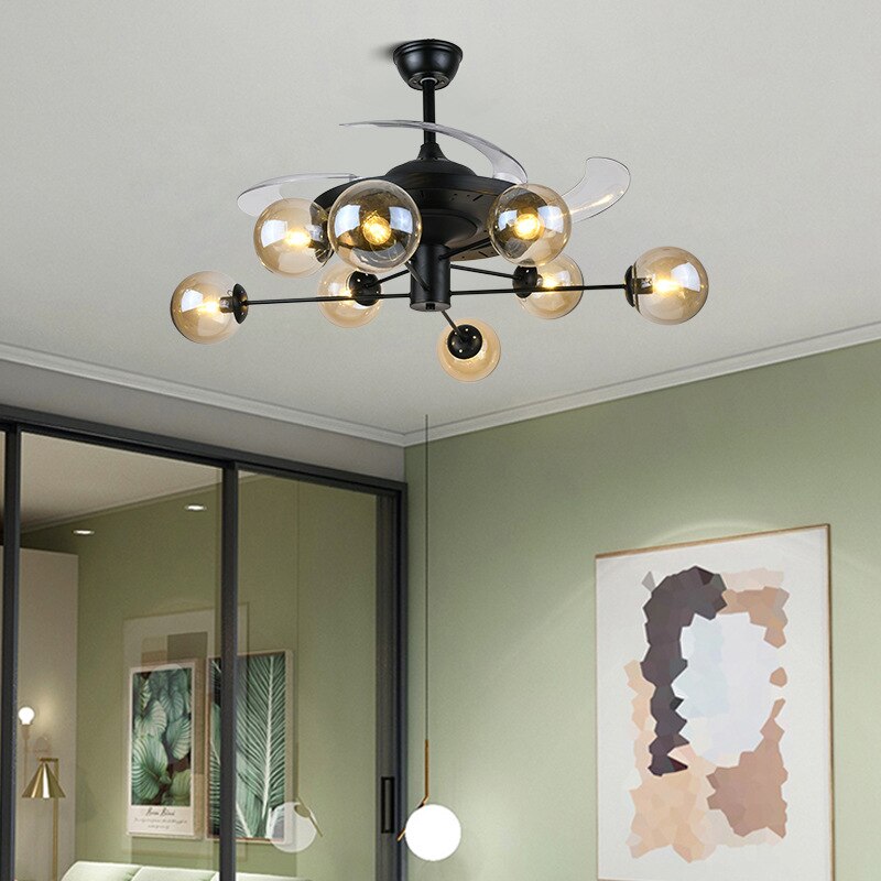 Art Led Celing Fan Pendant Lamp Light Chandelier Nordic   With Brown Glass Lampshade Black For Living Room Bedroom Bar