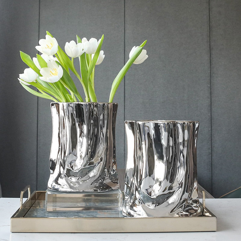 Nordic Silver Vase Creative Ceramic Vase Flower Art Luxury Coffee Shop Model Room Decoration Modern Home Decor Gift Ideas