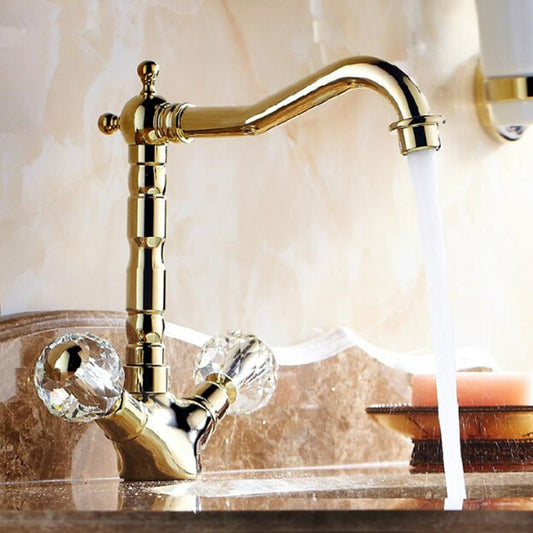 Retro Golden Basin Faucet Crystal Double Handle Basin Mixer Tap Noble Gorgeous Swivel Basin Sink Faucet