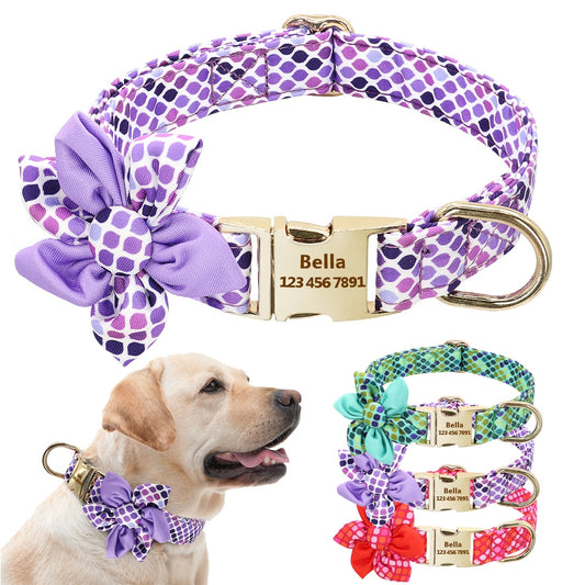 Custom Engraved Dog Collar Nylon Print Dog Collars Personalized Pet ID Tag Metal Buckle With Flower Small Medium Large Dogs