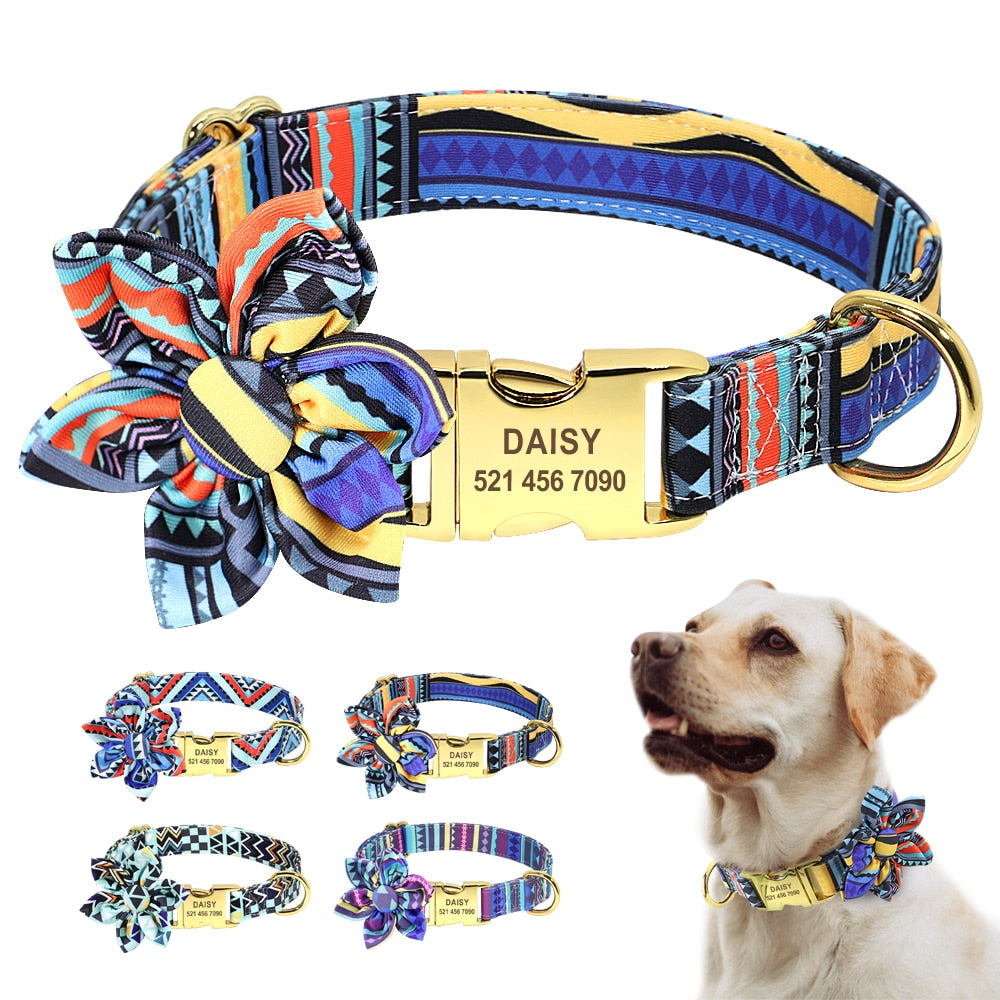 Personalized Dog Collar Nylon Pet ID Collars With Customized Tag Buckle Flower Accessories For Small Medium Large Dogs Bulldog